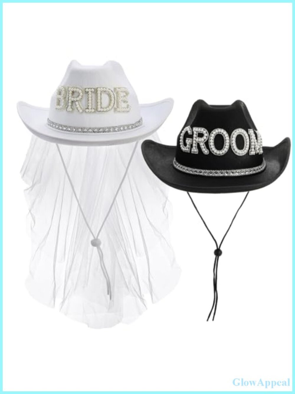 Felt Cowboy Wedding Hat Set 2pc Bride Groom Rhinestone Faux Pearl Party